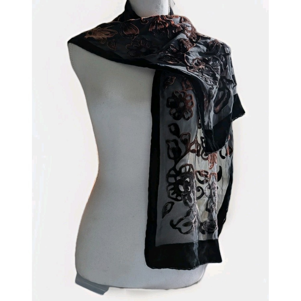 Silk Burn-Out Velvet Scarf Floral Black and Brown Sheer 12 x  54 Rectangle